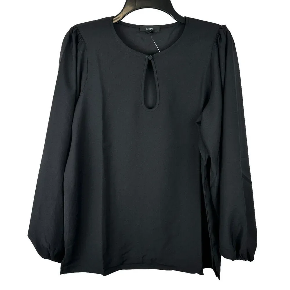 J Crew Black Blouse Shirt Womens ST Small Tall Puff Sleeve Crepe Top Workwear